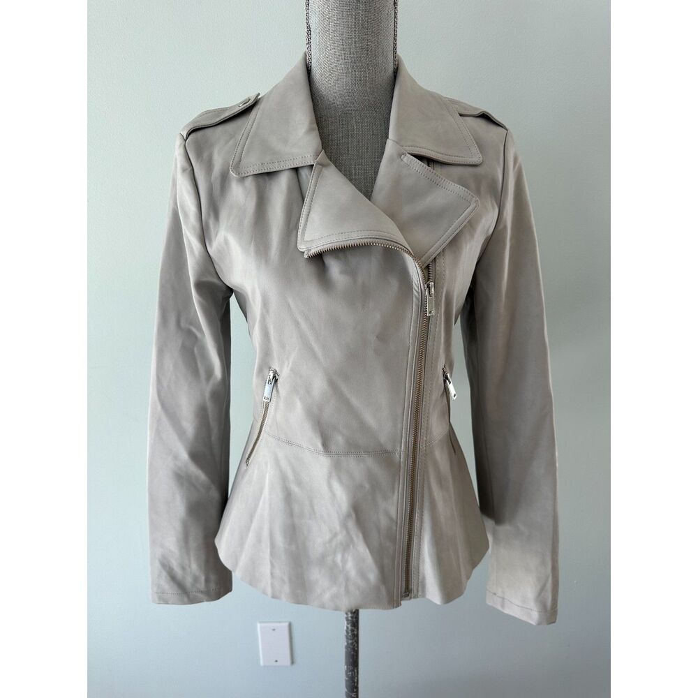 Anthropologie Faux Leather Moto Jacket Peplum Light Grey Gray Women’s Size M